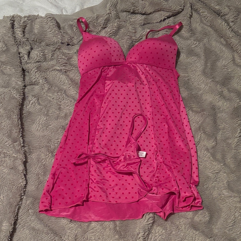 Pink Heart-Patterned Babydoll Lingerie Set